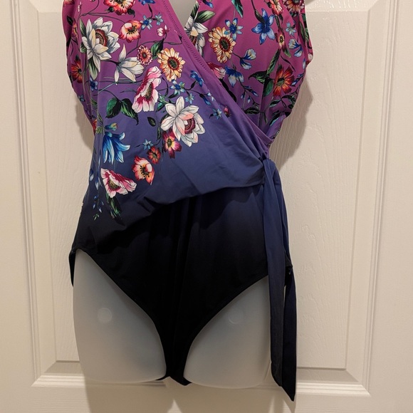 Johnny Was Pink Purple Blue Floral Wrap One-Piece Swimsuit.  New. - Picture 4 of 10